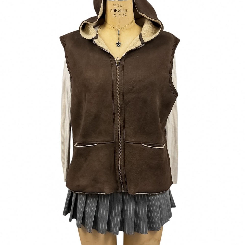 90s Vintage Shearling Hooded Vest Sherpa Lined Zip Up Cabin Core Gorpcore Fall L